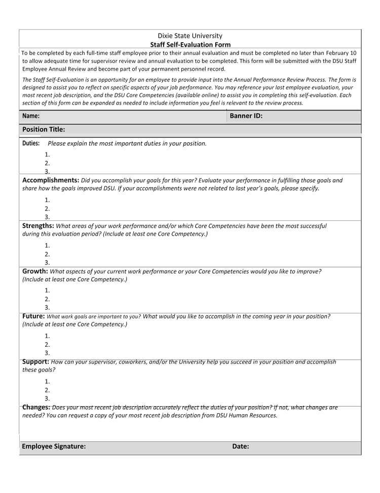 20 Self Evaluation Assessment Examples Questions Forms