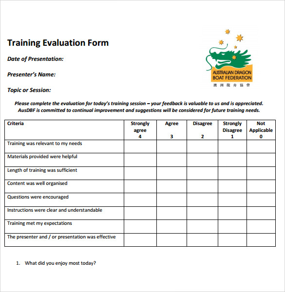 8 Training Evaluation Forms Samples Examples Format Sample 