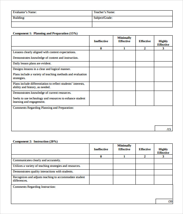 9 Teacher Evaluation Forms Samples Examples Formats Sample 