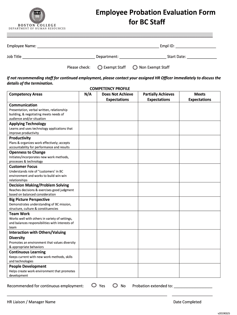 Boston College Employee Probation Evaluation Form For BC Staff 2019 