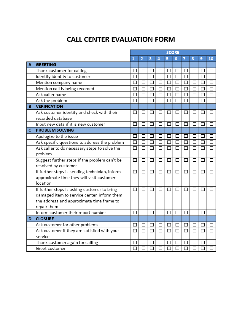 Call Center Evaluation Form Templates At Allbusinesstemplates