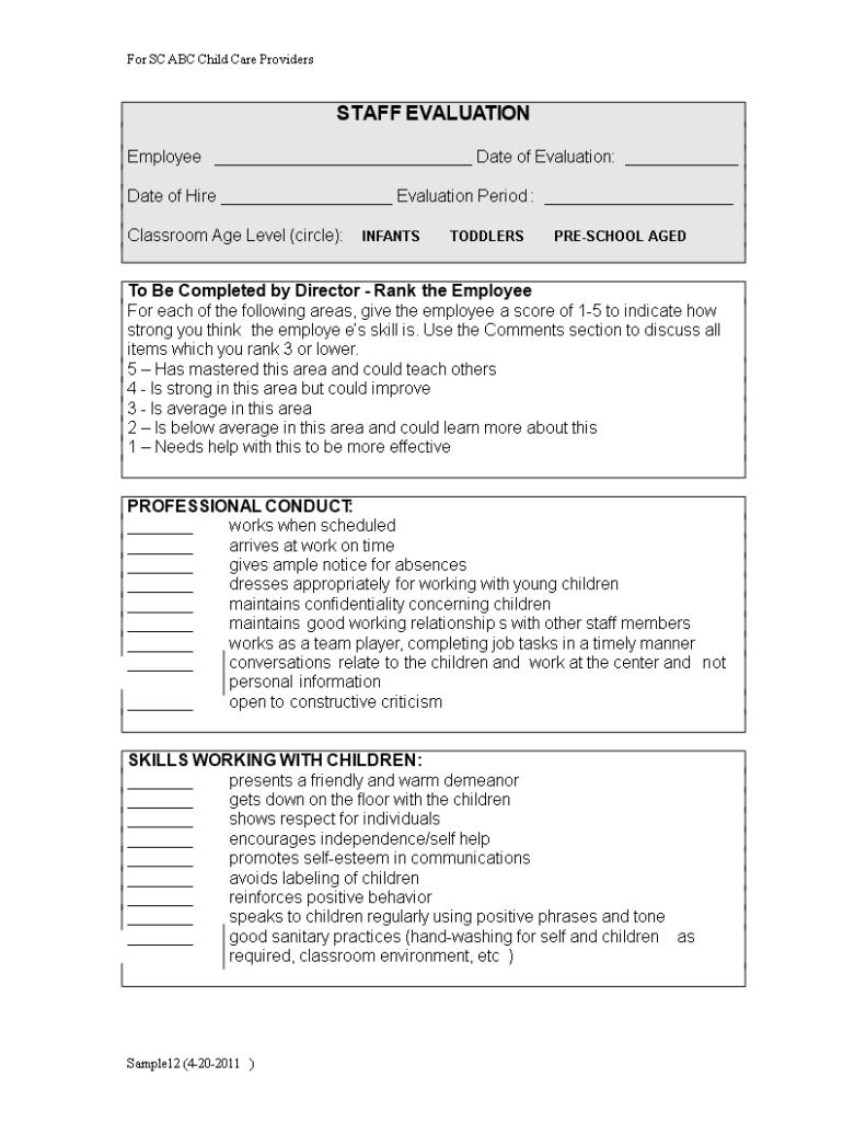 Child Care Employee Self Evaluation Form 2022 Employeeform