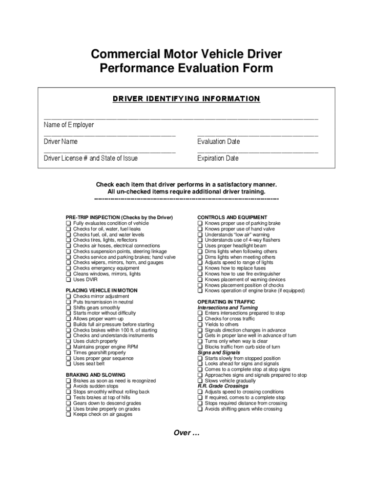 Commercial Motor Vehicle Driver Performance Evaluation Form Free Download