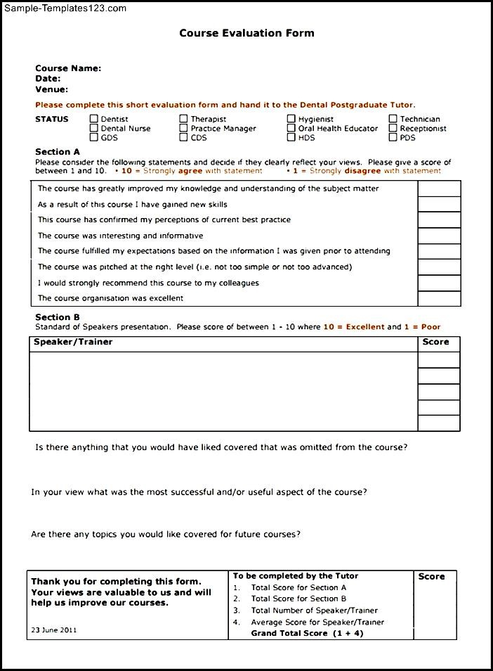 Course Evaluation Form PDF Sample Templates
