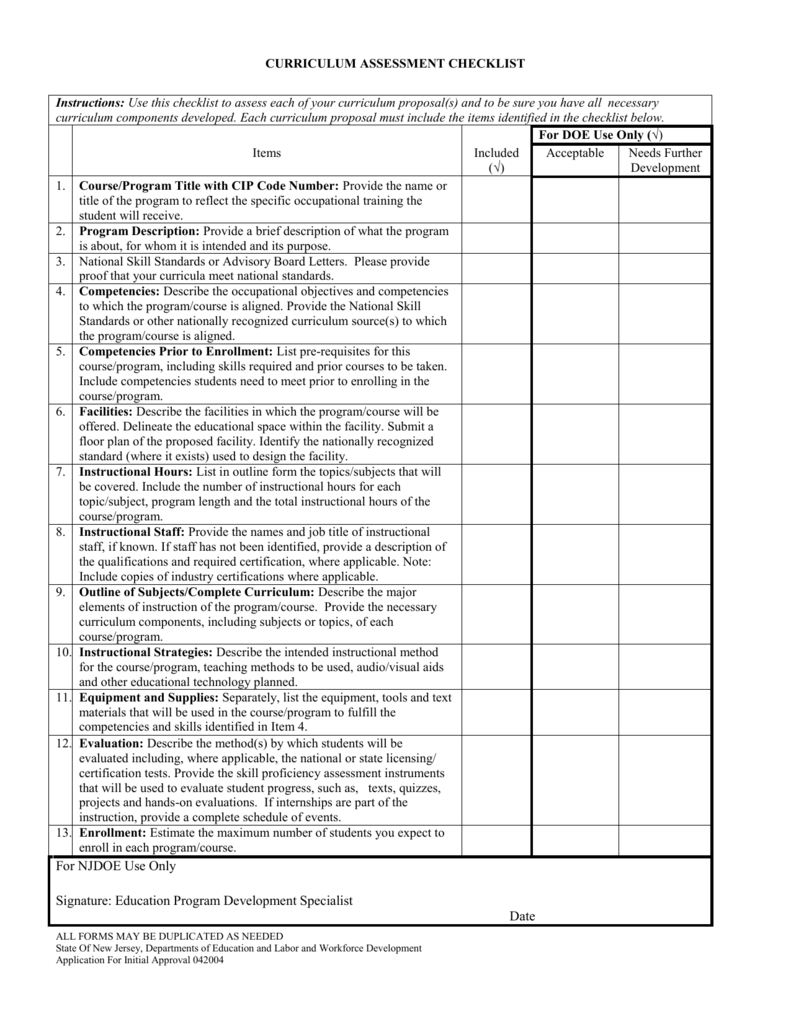 Curriculum Assessment Checklist