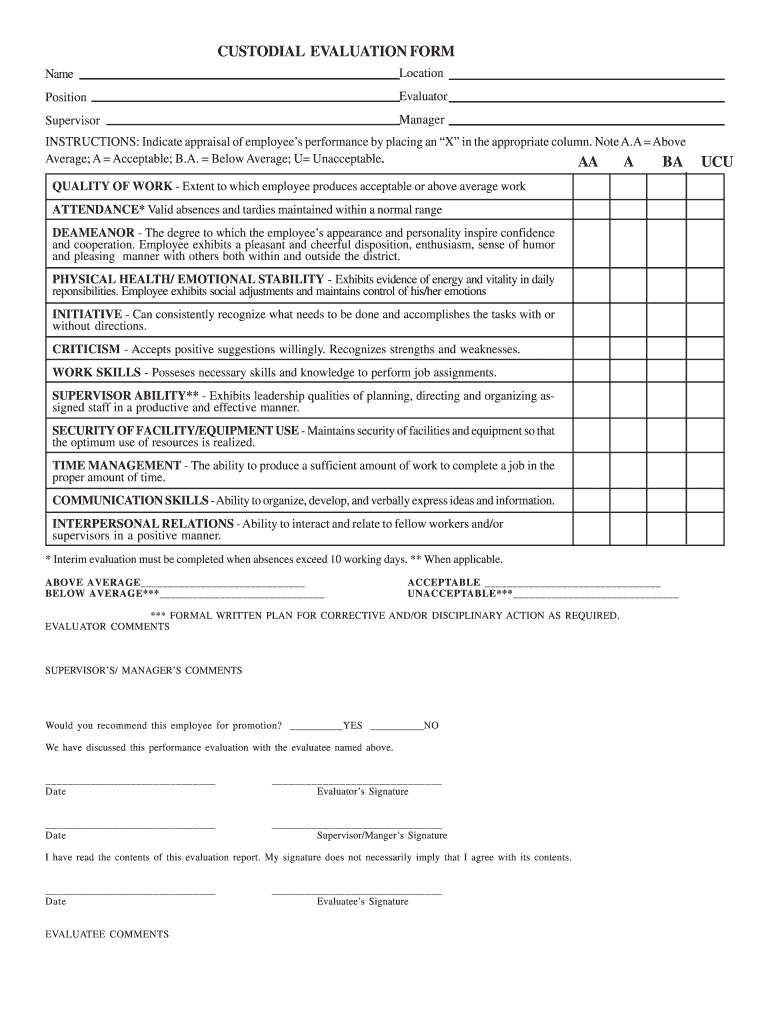 Custodian Performance Evaluation Examples Fill Online Printable