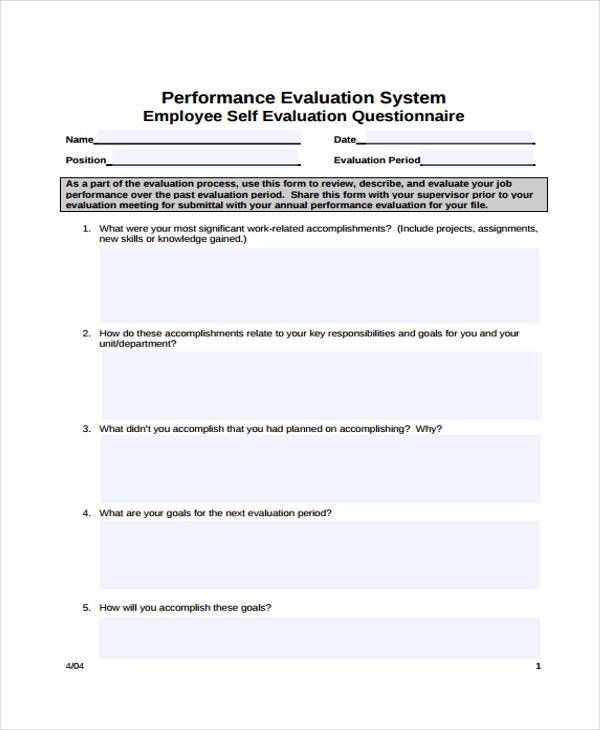 Employee Self Evaluation Form Samples Evaluation Form Employee 
