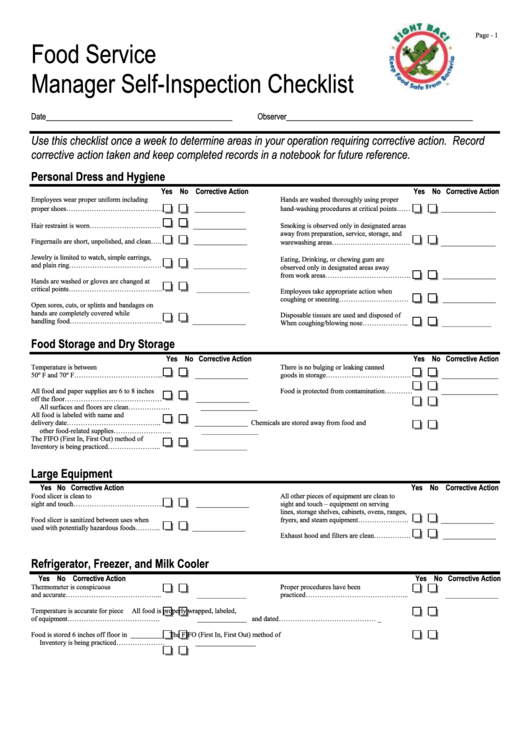 Food Service Manager Self Inspection Checklist Printable Pdf Download