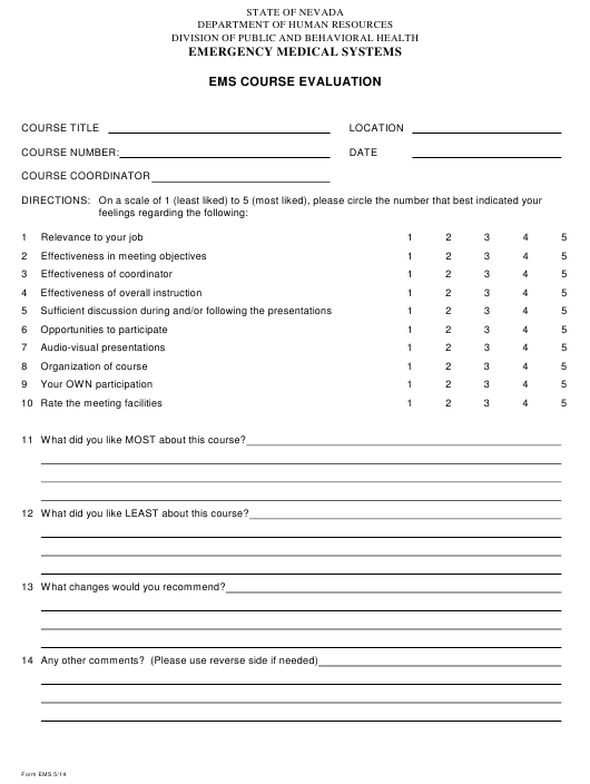 Form EMS Download Printable PDF Or Fill Online EMS Course Evaluation