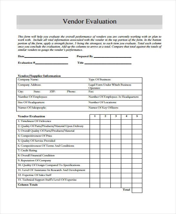 FREE 10 Sample Vendor Evaluation Forms In PDF MS Word