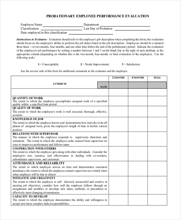Probation Evaluation Form Sample EvaluationForm