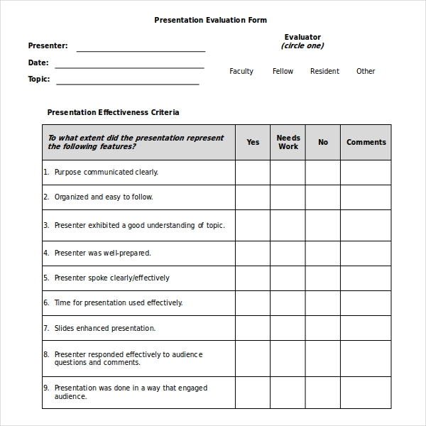 FREE 14 Sample Presentation Evaluation Forms In PDF MS Word Excel
