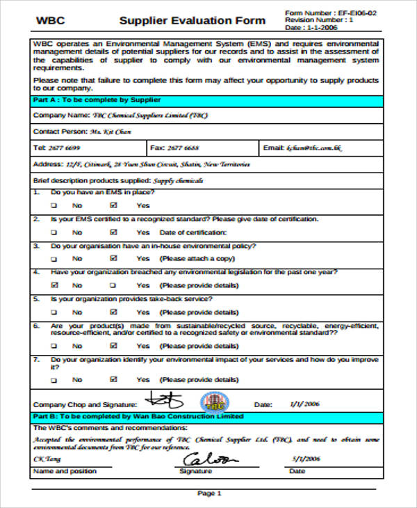 FREE 6 Sample Supplier Evaluation Forms In MS Word PDF