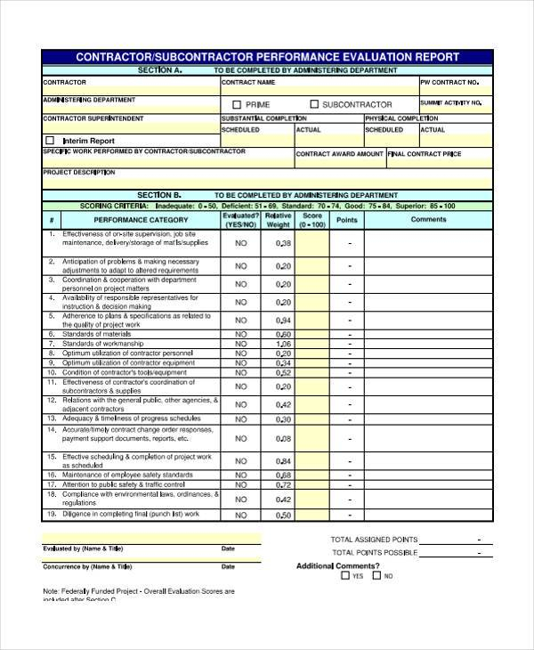 FREE 7 Contractor Evaluation Forms In MS Word PDF