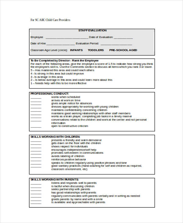 FREE 7 Sample Child Care Evaluation Forms In MS Word PDF