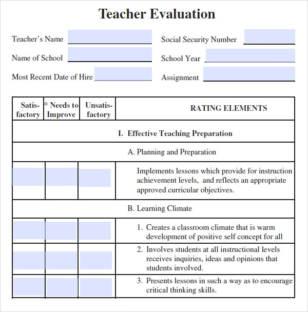 FREE 7 Teacher Evaluation Samples In MS Word PDF