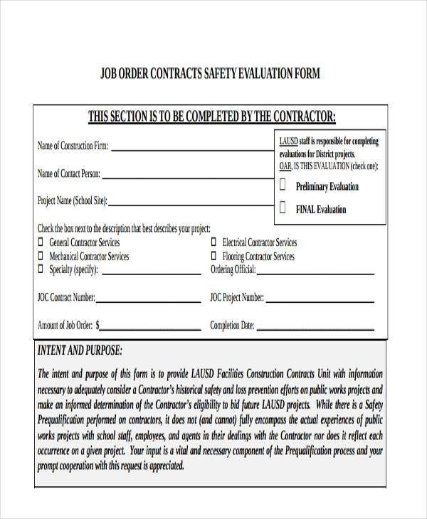 FREE 8 Sample Contractor Evaluation Forms In PDF MS Word