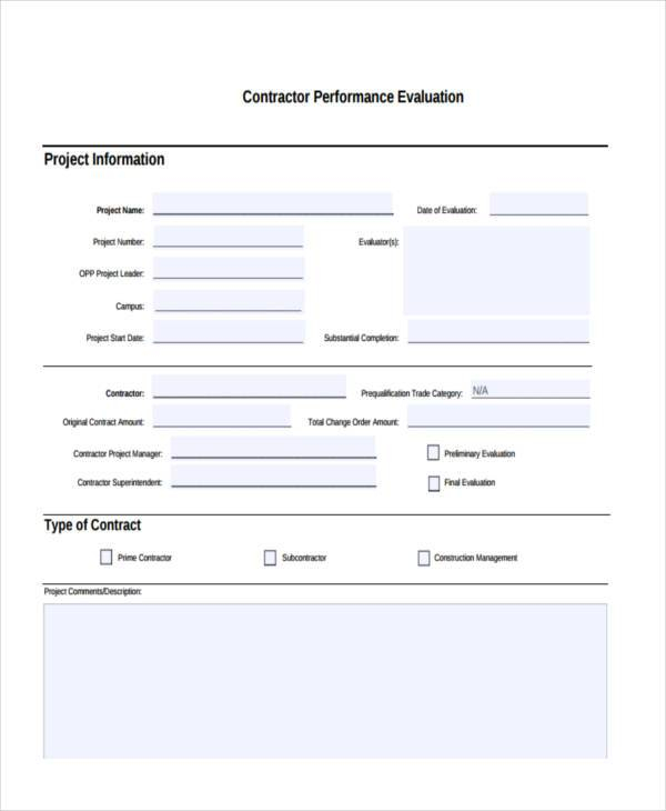 FREE 8 Sample Contractor Evaluation Forms In PDF MS Word