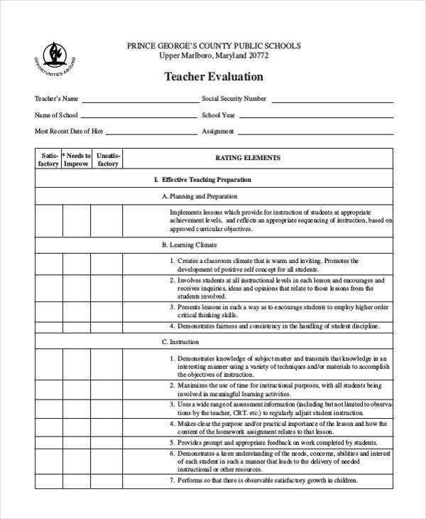 FREE 8 Teacher Evaluation Forms In PDF MS Word