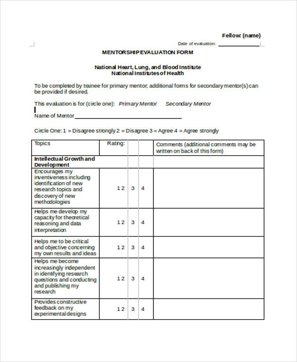 FREE 9 Sample Mentor Evaluation Forms In MS Word PDF