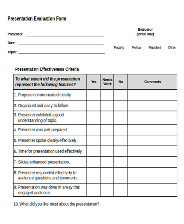 FREE 9 Sample Presentation Evaluation Forms In MS Word