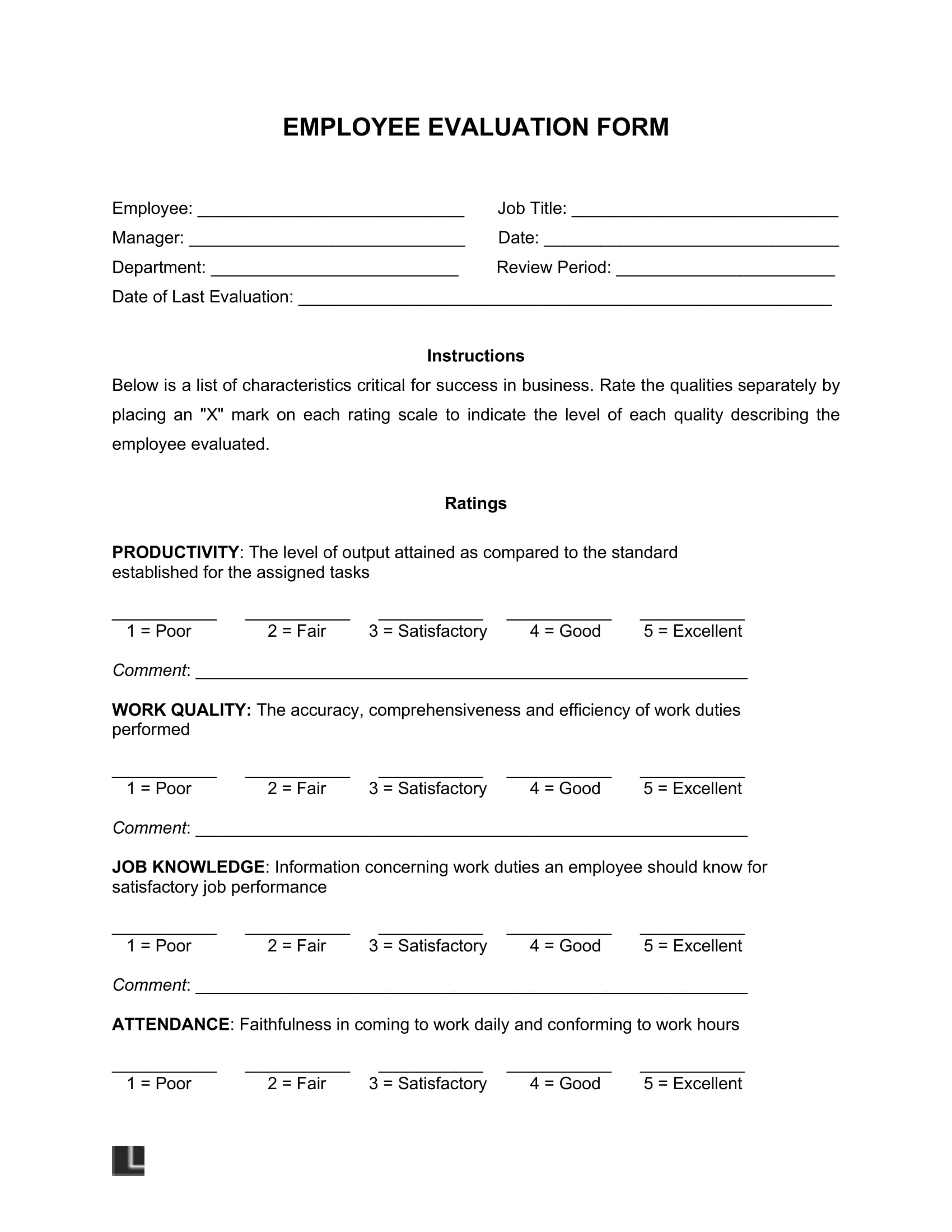 Free Employee Evaluation Form PDF Word Legal Templates