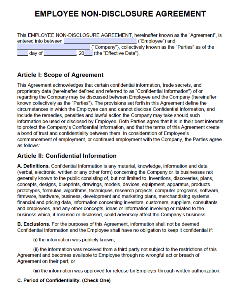 Free Employee Non Disclosure Agreement NDA PDF Word docx 