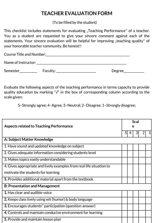 Free Teaching Evaluation Forms Templates Word PDF 