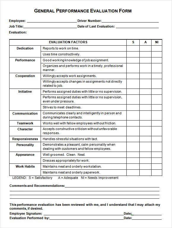 General Performance Evaluation Form Performance Evaluation Employee