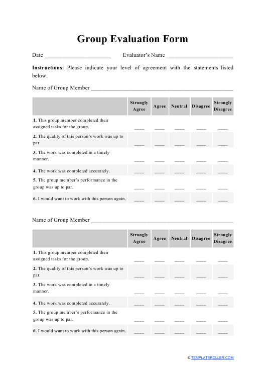 Group Evaluation Form Download Printable PDF Templateroller