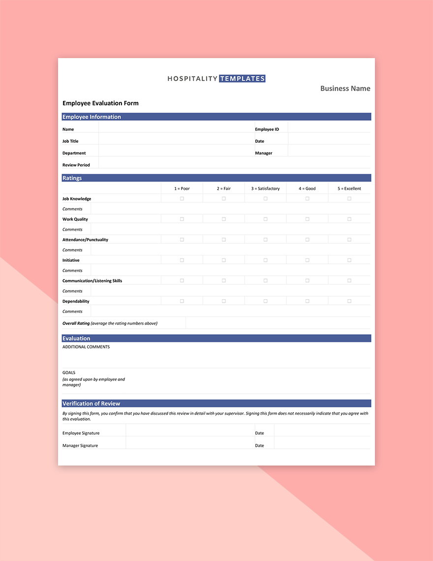Hotel Employee Evaluation Form Hospitality Templates In 2020