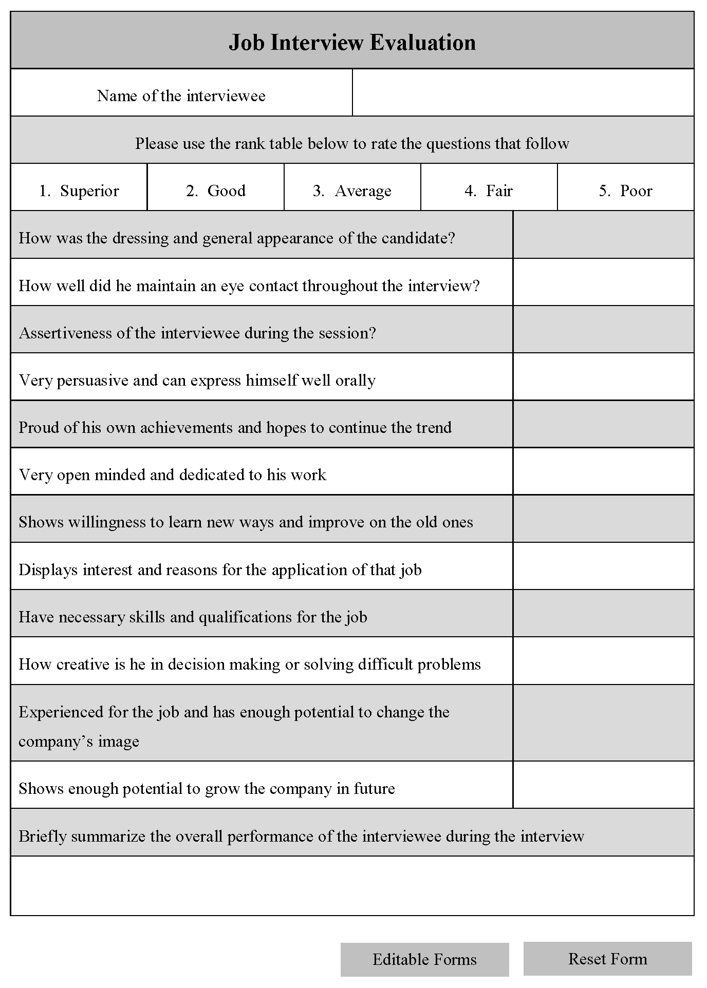 Job Interview Evaluation Form Editable Forms