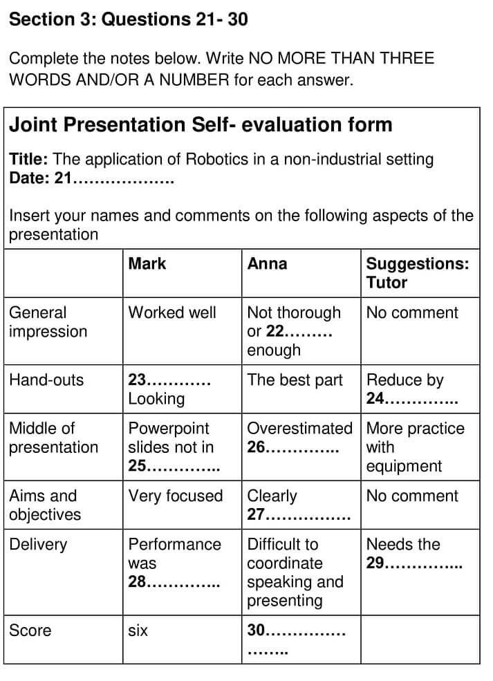 Joint Presentation Self Evaluation Form IELTS Listening Answers 