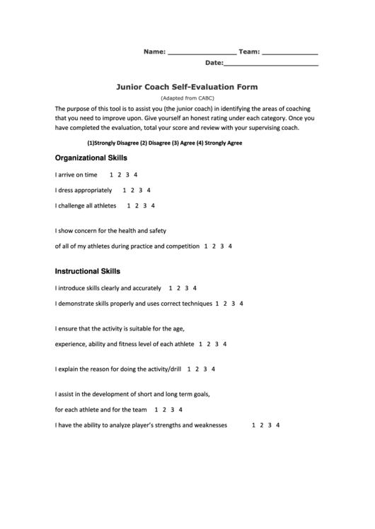 Junior Coach Self Evaluation Form Printable Pdf Download