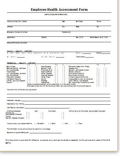 MS Word Health Assessment Forms Templates Printable Medical Forms 