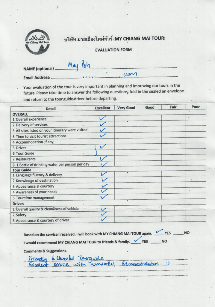 My Chiang Mai Tour Reviews Customer Reviews Evaluation Form
