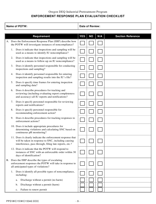 Oregon Enforcement Response Plan Evaluation Checklist Download Fillable