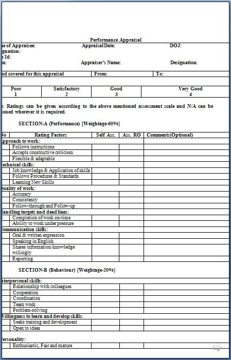Performance Appraisal Form In Word Format