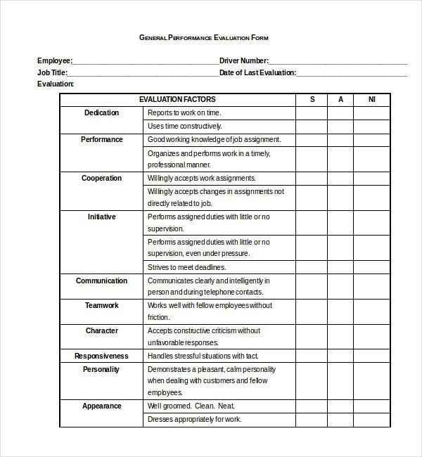 Performance Evaluation Evaluation Form Employee Evaluation Form