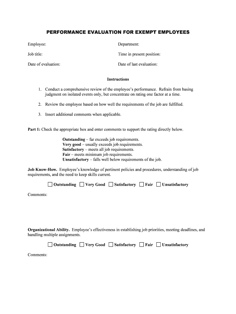 Performance Evaluation For Exempt Employees Employer Fill Out And
