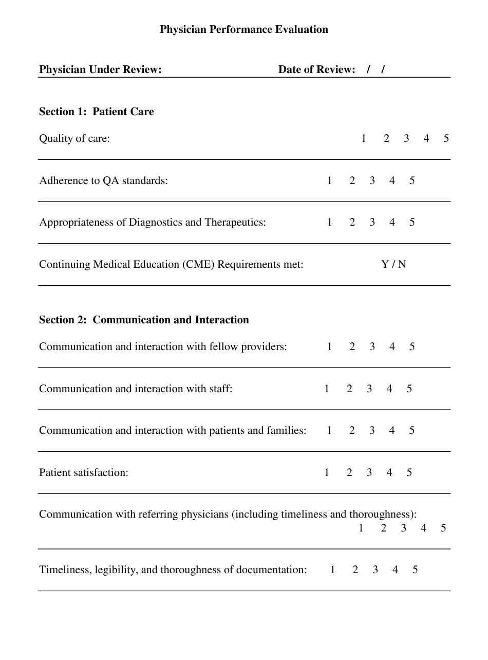 Physician Performance Evaluation Form Download Printable PDF