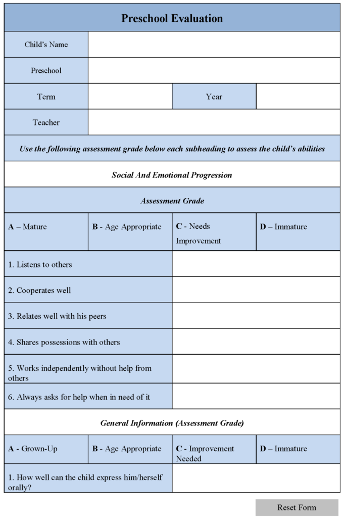 Preschool Evaluation Form Editable Forms