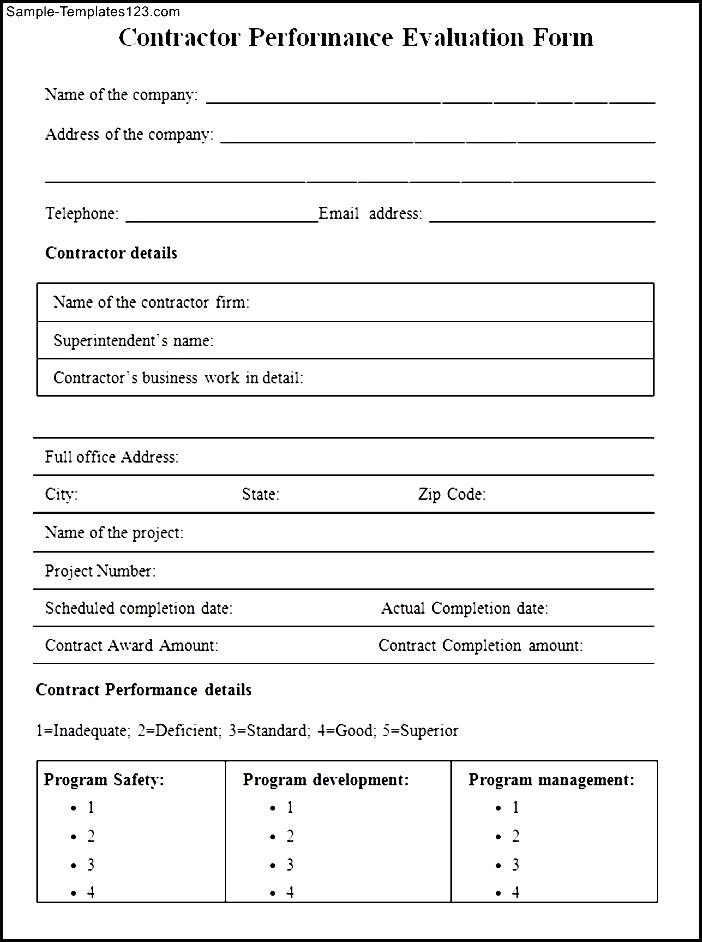 Sample Contractor Performance Evaluation Form Sample Templates