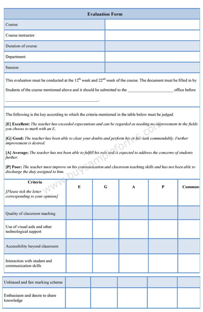 Sample Evaluation Form Evaluation Word Template