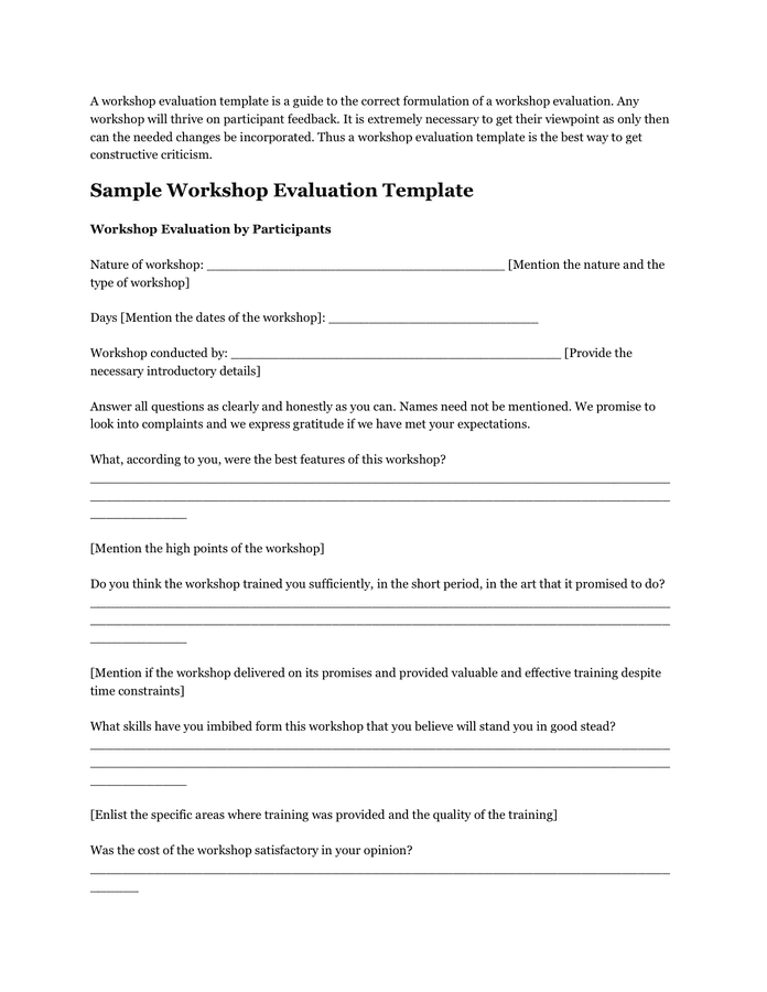 Sample Workshop Evaluation Template In Word And Pdf Formats Sample Workshop Evaluation Template In Word And Pdf Formats