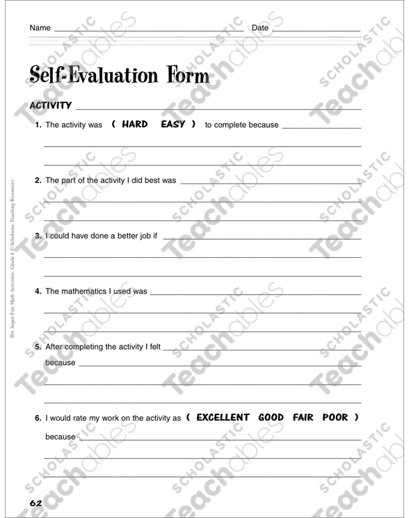 Self Evaluation Form Grade 4 Assessing Student Math Learning By