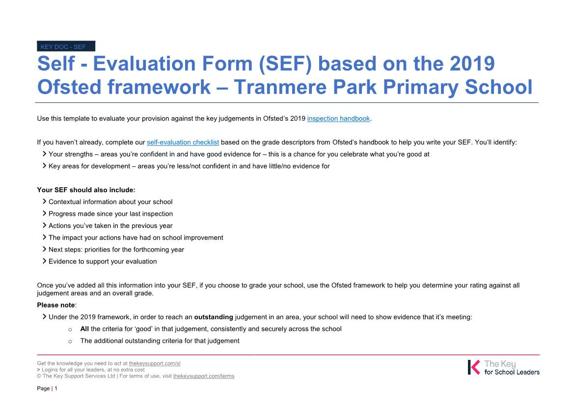 Self Evaluation Form SEF Based On The 2019 Ofsted Framework