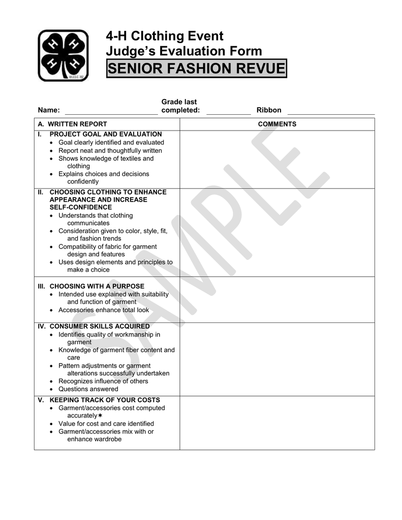 SENIOR FASHION REVUE 4 H Clothing Event Judge s Evaluation Form