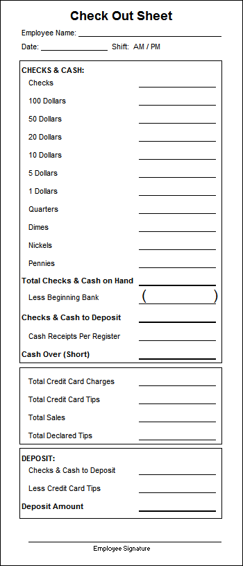 Server Cashier Checkout Sheet Restaurant Business Plans Systems 