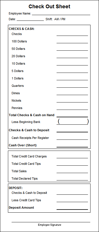 Server Cashier Checkout Sheet Restaurant Business Plans Systems Server Cashier Checkout Sheet Restaurant Business Plans Systems